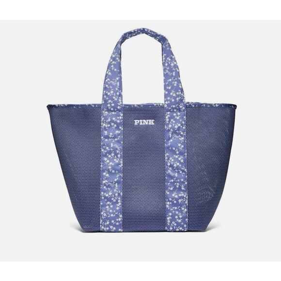 Victoria's Secret Pink Blue Mesh Tote Weekender Bag Floral Trim - Picture 1 of 7